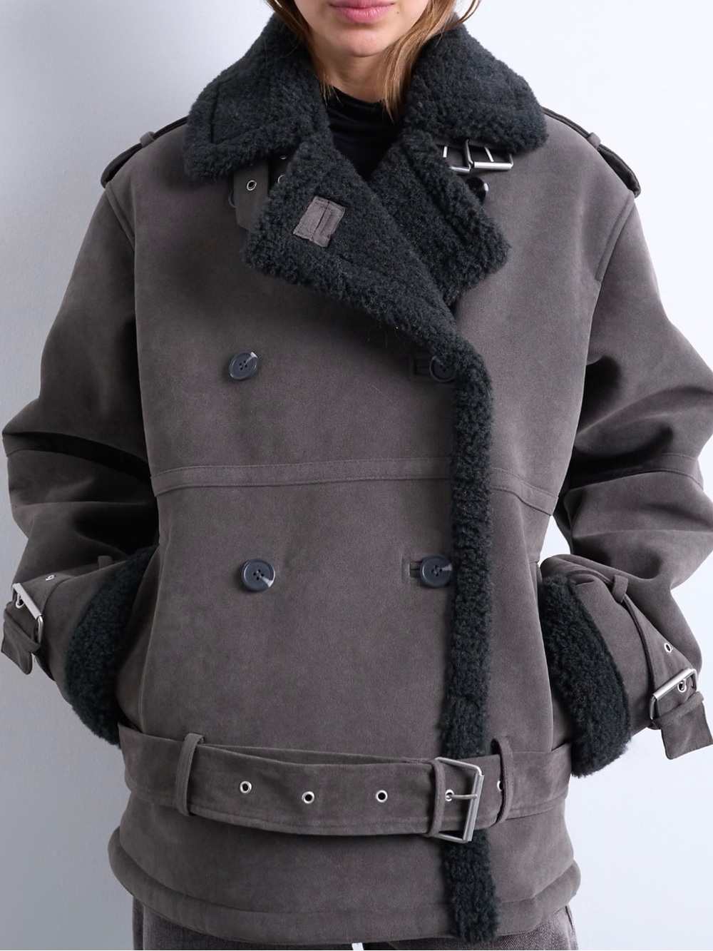 Topshop Charcoal Gray Suedette Bomber Jacket with Black Shearling